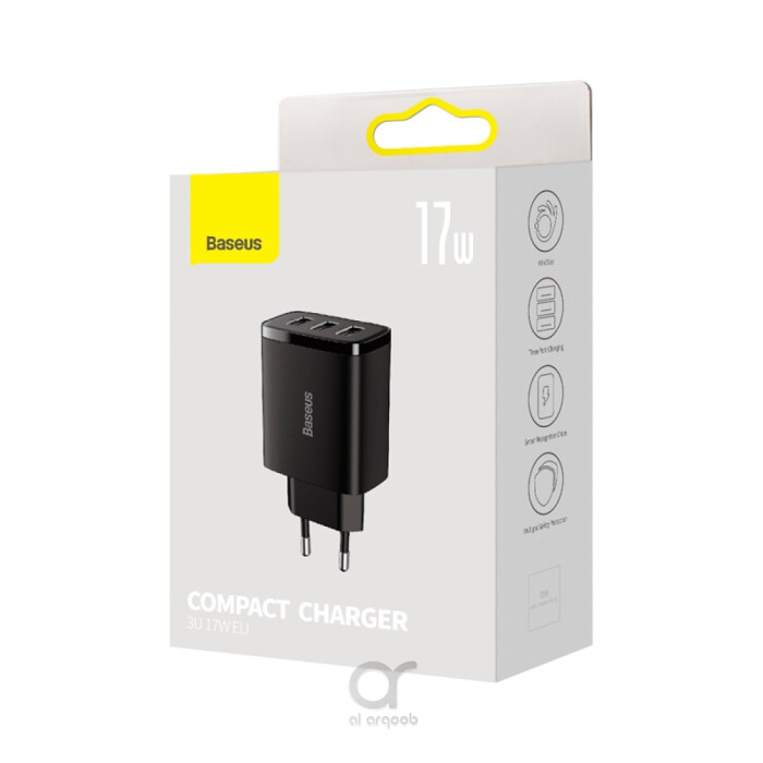 Baseus Compact Charger 3U 17W EU Black - Bluetooth headphones Dubai, Dubai mobile accessories