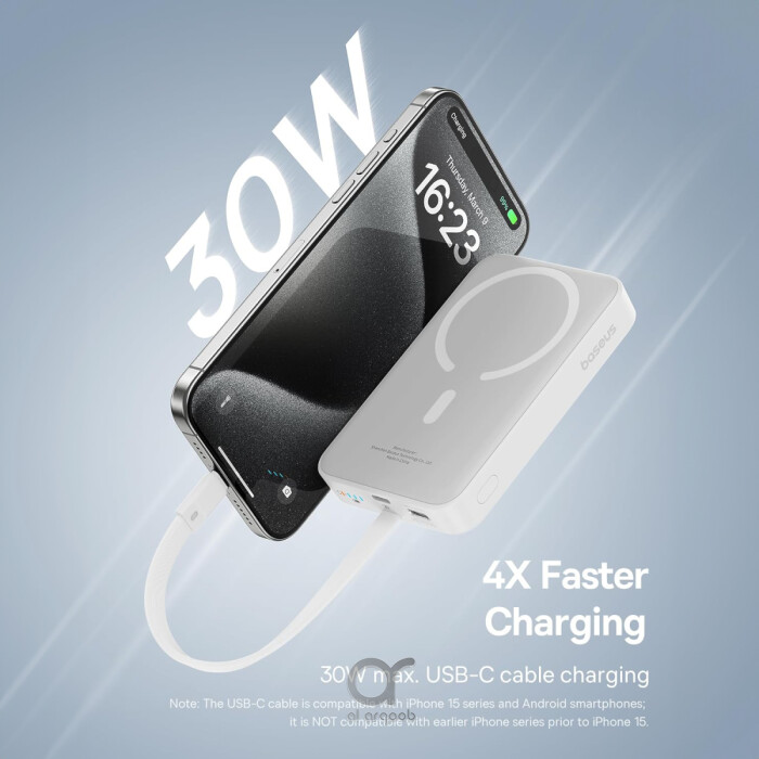 Baseus 10000mAh Magnetic Mini Wireless Fast Charge Power - 30W fast charging, white power bank